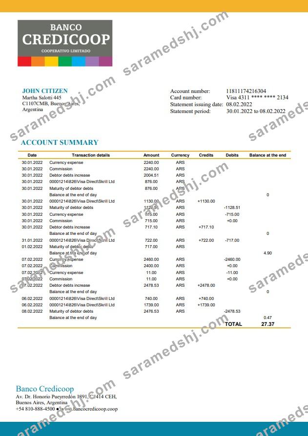 Argentina Banco Credicoop bank statement